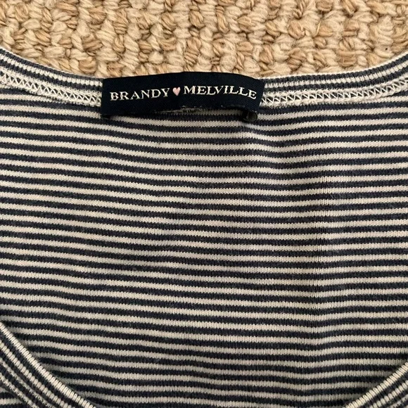Brandy Melville Blue and White Striped Henley Tee 100% Cotton - Picture 2 of 3